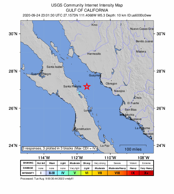 USGS DYFI community-reported intensity map for the M5.3 earthquake near 64 km ENE of Mulegé, Mexico