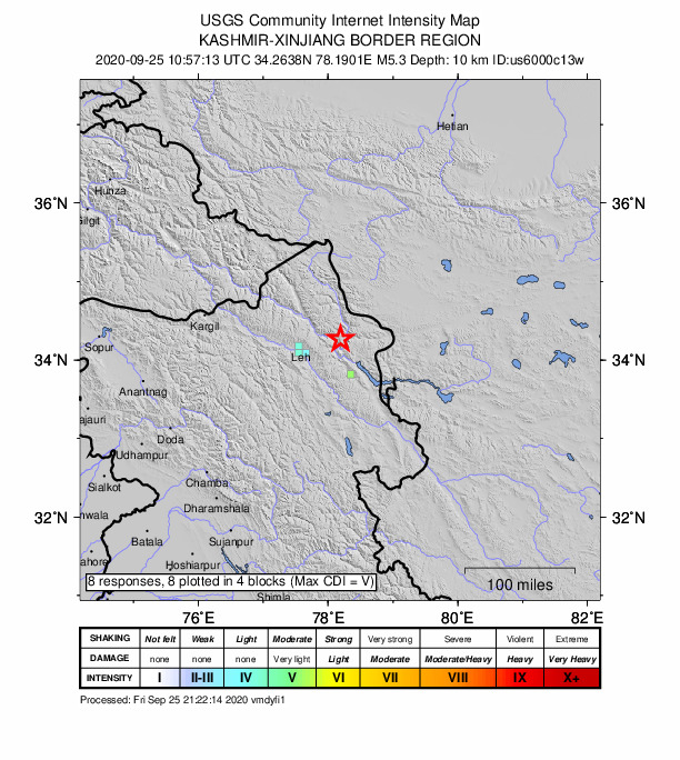 USGS DYFI community-reported intensity map for the M5.3 earthquake near 58 km E of Leh, India