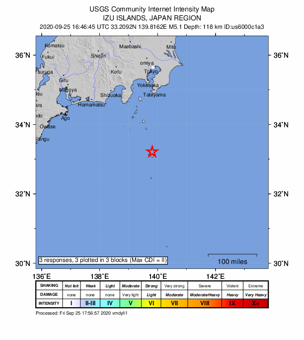 USGS DYFI community-reported intensity map for the M4.8 earthquake near 179 km SSE of Shimoda, Japan