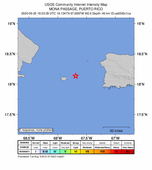 USGS DYFI community-reported intensity map for the M2.6 earthquake near 51 km WSW of Stella, Puerto Rico