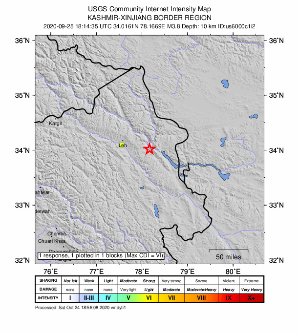 USGS DYFI community-reported intensity map for the M3.8 earthquake near 56 km ESE of Leh, India