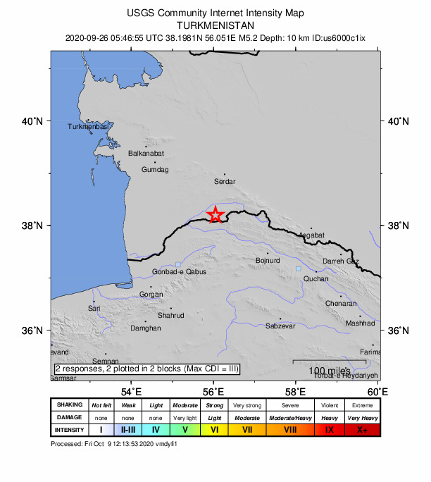 USGS DYFI community-reported intensity map for the M5.2 earthquake near 88 km SSW of Serdar, Turkmenistan
