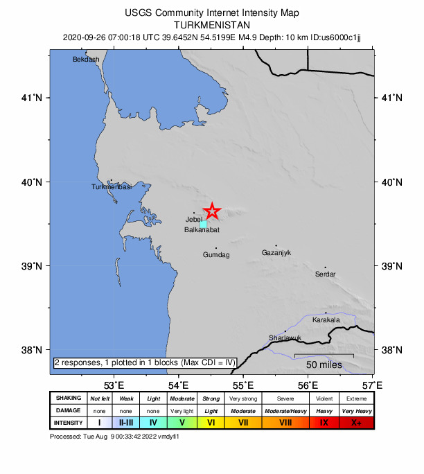 USGS DYFI community-reported intensity map for the M4.9 earthquake near 19 km NE of Balkanabat, Turkmenistan