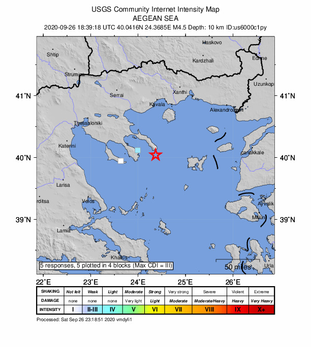 USGS DYFI community-reported intensity map for the M4.5 earthquake near 30 km SSE of Karyes, Greece