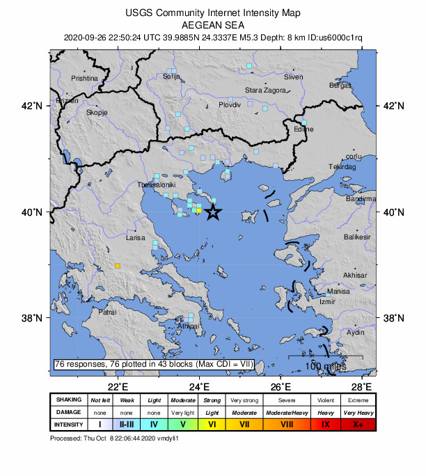 USGS DYFI community-reported intensity map for the M5.4 earthquake near 31 km SSE of Karyes, Greece