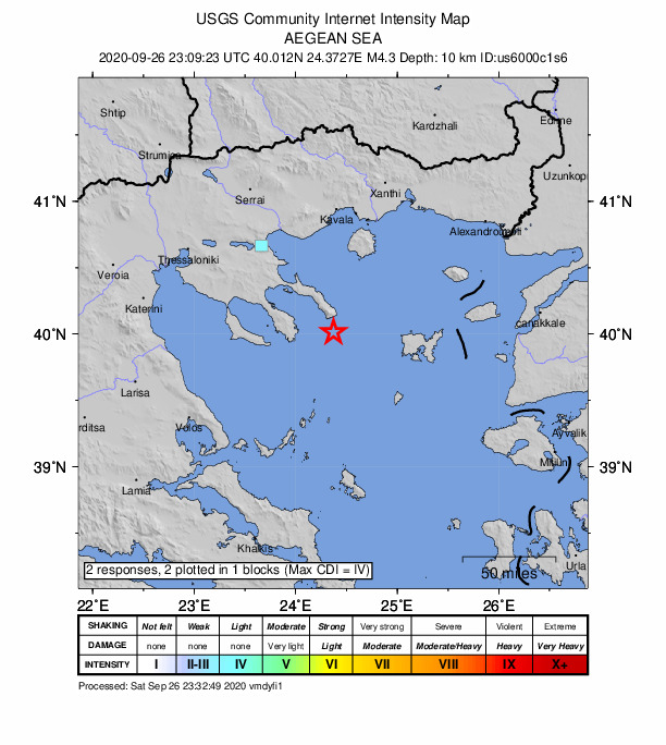 USGS DYFI community-reported intensity map for the M4.3 earthquake near 29 km SSE of Karyes, Greece