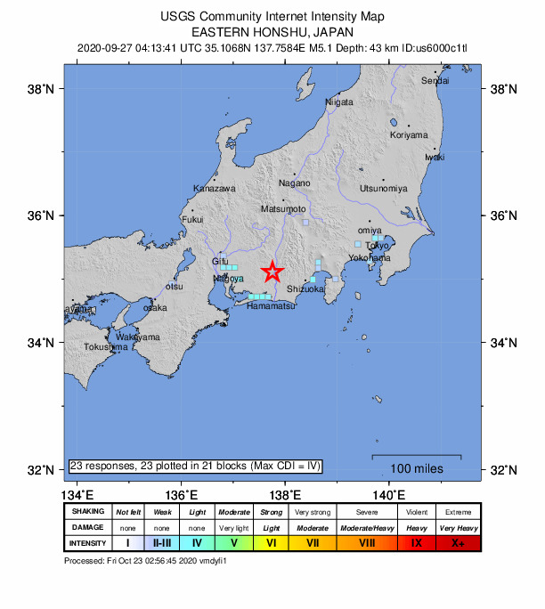 USGS DYFI community-reported intensity map for the M4.9 earthquake near 33 km NE of Shinshiro, Japan