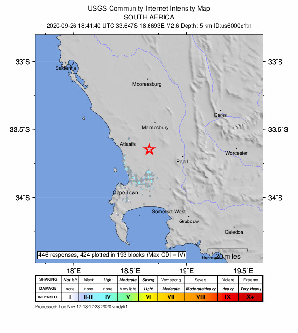 USGS DYFI community-reported intensity map for the M2.6 earthquake near 19 km ESE of Atlantis, South Africa