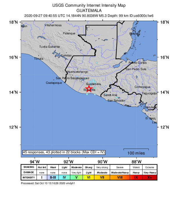 USGS DYFI community-reported intensity map for the M5.3 earthquake near 6 km E of Masagua, Guatemala