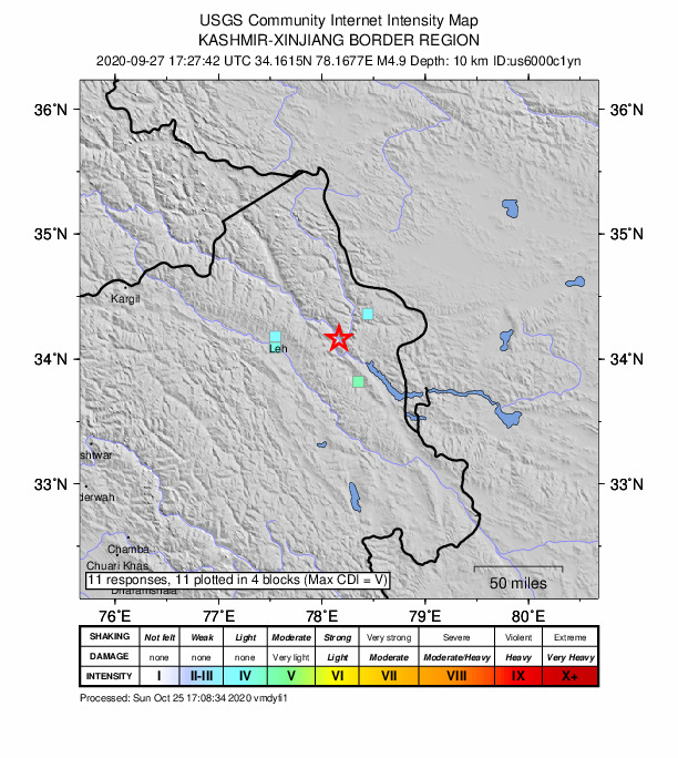 USGS DYFI community-reported intensity map for the M5.0 earthquake near 52 km E of Leh, India