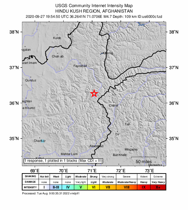 USGS DYFI community-reported intensity map for the M4.7 earthquake near 62 km SW of Ashk?sham, Afghanistan