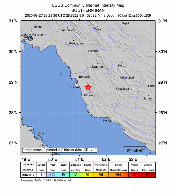 USGS DYFI community-reported intensity map for the M4.3 earthquake near 49 km ESE of Bushehr, Iran