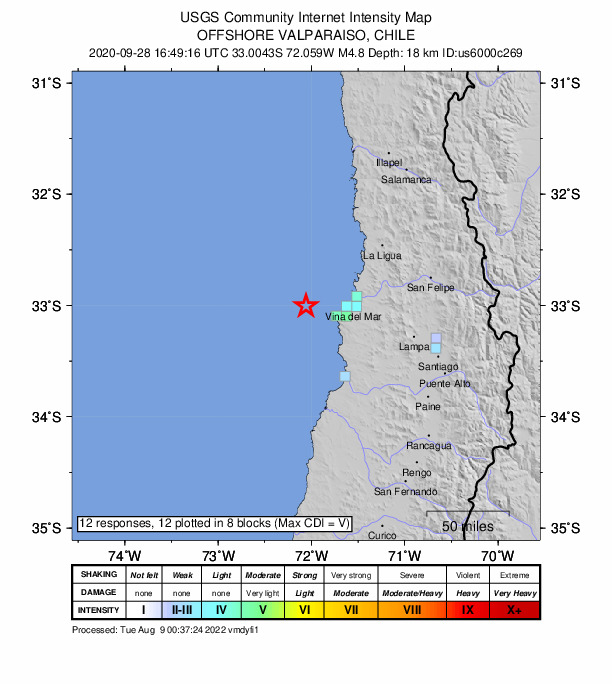 USGS DYFI community-reported intensity map for the M4.8 earthquake near 40 km W of Valparaíso, Chile