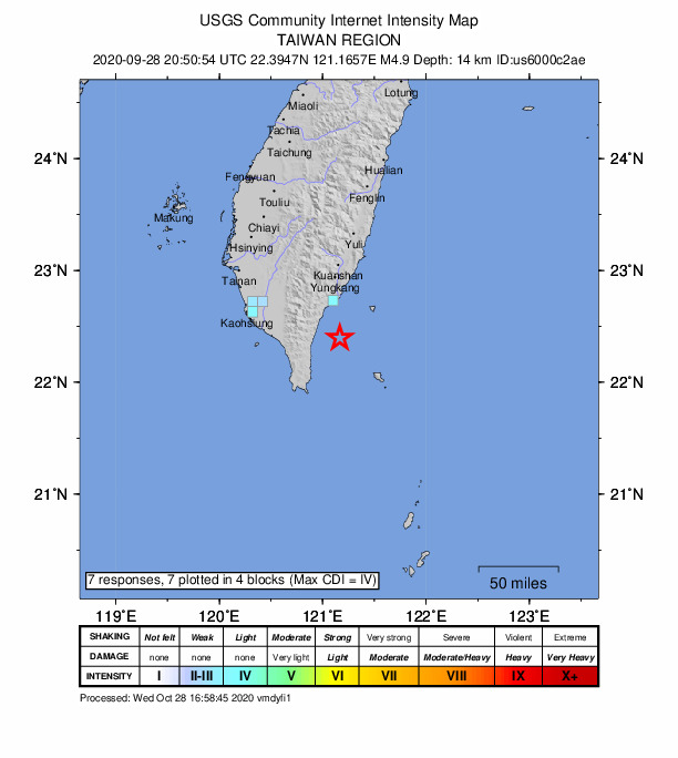 USGS DYFI community-reported intensity map for the M4.9 earthquake near 61 km NE of Hengchun, Taiwan