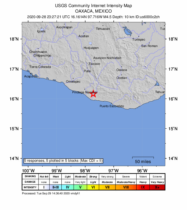 USGS DYFI community-reported intensity map for the M4.5 earthquake near 20 km SSE of Santa María Chico Ometepec, Mexico