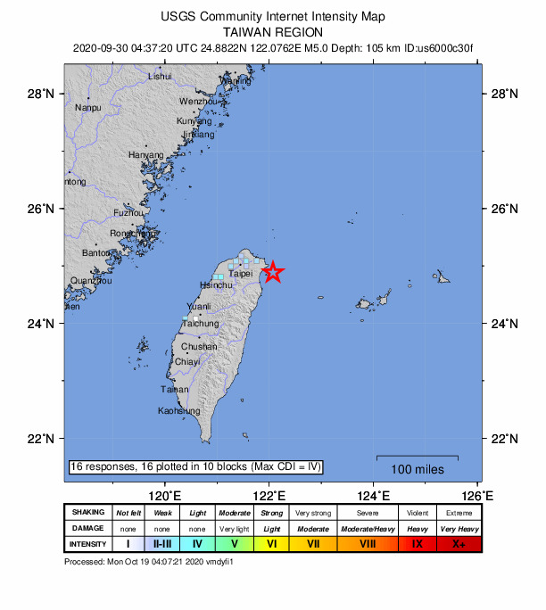 USGS DYFI community-reported intensity map for the M5.0 earthquake near 34 km SE of Jiufen, Taiwan