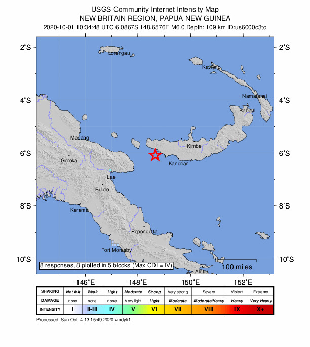 USGS DYFI community-reported intensity map for the M6.1 earthquake near 100 km WNW of Kandrian, Papua New Guinea
