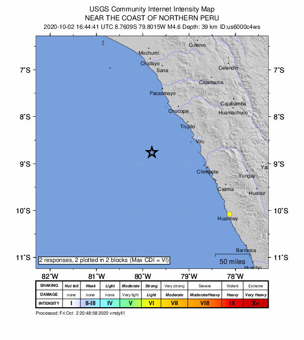 USGS DYFI community-reported intensity map for the M4.6 earthquake near 106 km SW of Santiago de Cao, Peru