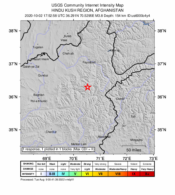 USGS DYFI community-reported intensity map for the M3.8 earthquake near 67 km ESE of Farkh?r, Afghanistan