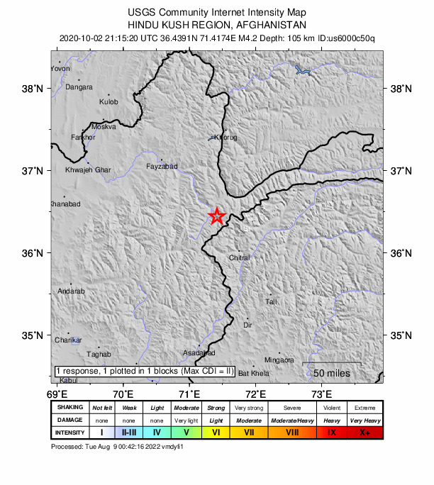 USGS DYFI community-reported intensity map for the M4.2 earthquake near 29 km SSW of Ashk?sham, Afghanistan