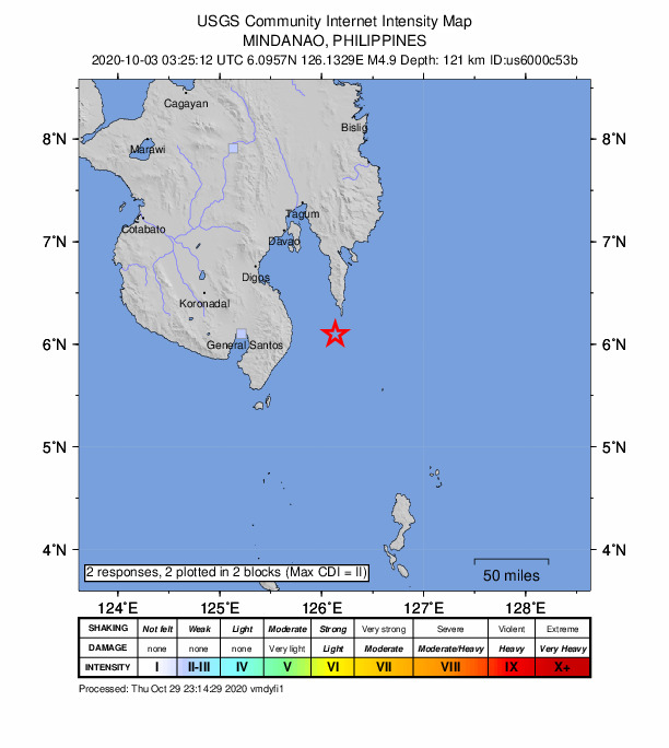 USGS DYFI community-reported intensity map for the M4.9 earthquake near 31 km S of Pondaguitan, Philippines
