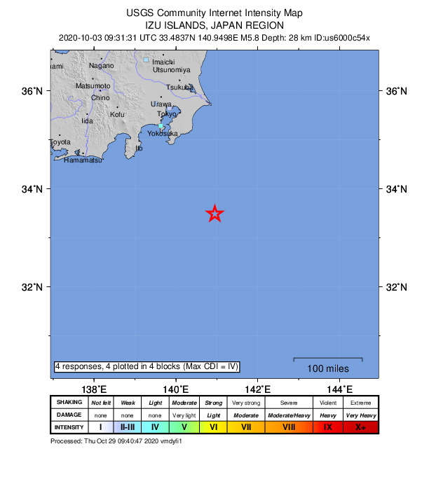USGS DYFI community-reported intensity map for the M5.8 earthquake near 193 km SSE of Katsuura, Japan