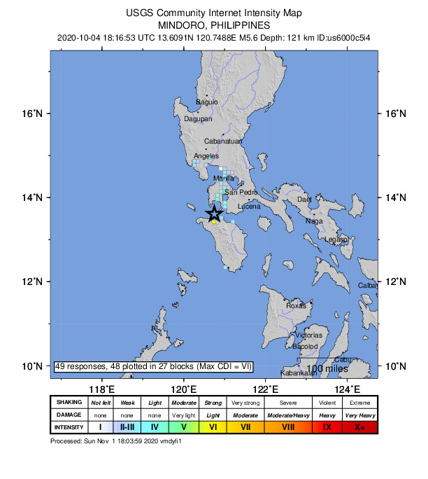 USGS DYFI community-reported intensity map for the M5.6 earthquake near 14 km WSW of Tingloy, Philippines