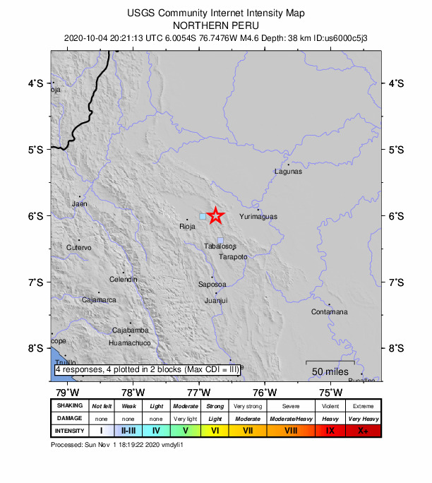 USGS DYFI community-reported intensity map for the M4.6 earthquake near 25 km E of Moyobamba, Peru