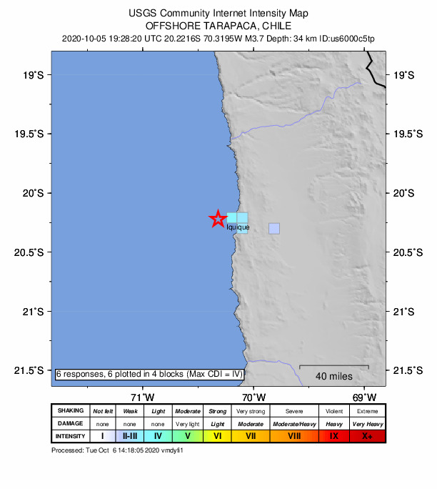 USGS DYFI community-reported intensity map for the M3.7 earthquake near 16 km W of Iquique, Chile