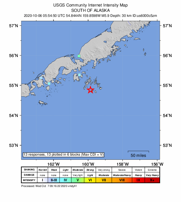 USGS DYFI community-reported intensity map for the M5.9 earthquake near 68 km SE of Sand Point, Alaska