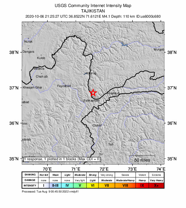 USGS DYFI community-reported intensity map for the M4.1 earthquake near 14 km N of Ishqoshim, Tajikistan
