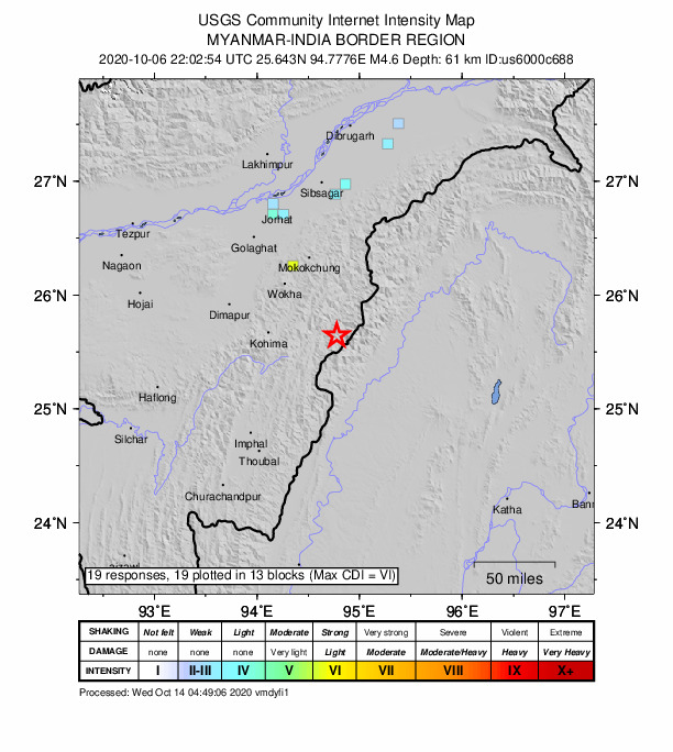 USGS DYFI community-reported intensity map for the M4.6 earthquake near 27 km E of Phek, India
