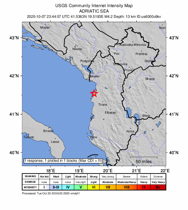 USGS DYFI community-reported intensity map for the M4.2 earthquake near 15 km WSW of Mamurras, Albania