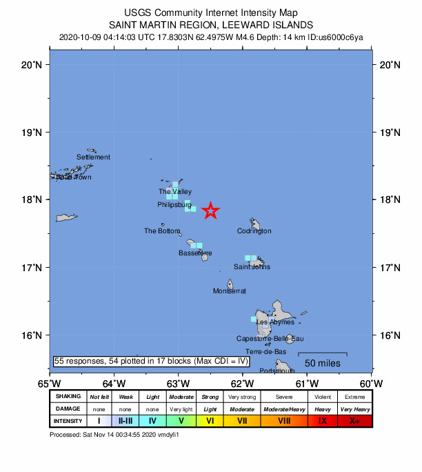 USGS DYFI community-reported intensity map for the M4.6 earthquake near 56 km NNE of Nicola Town, Saint Kitts and Nevis