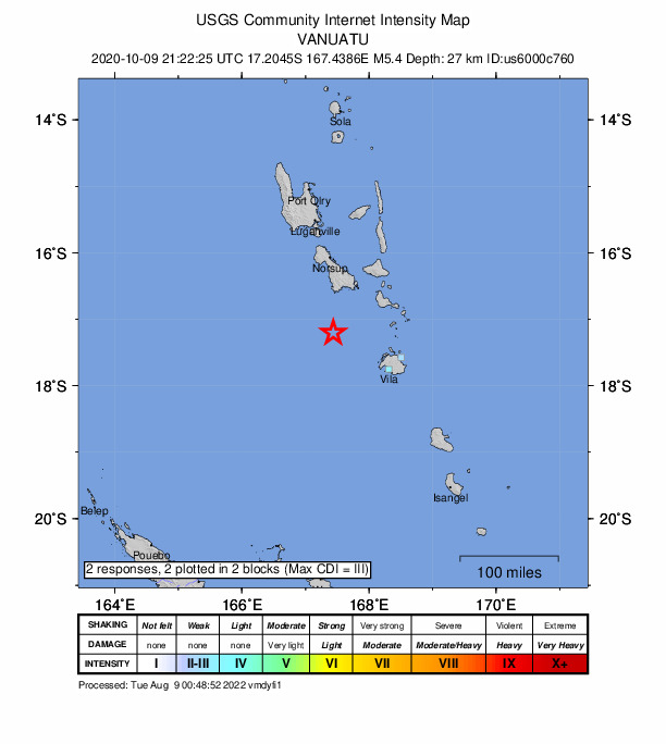 USGS DYFI community-reported intensity map for the M5.4 earthquake near 110 km WNW of Port-Vila, Vanuatu