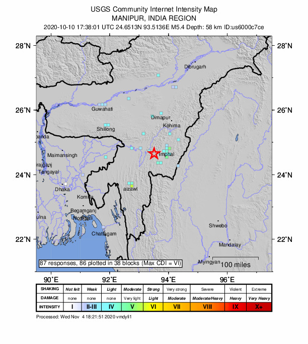 USGS DYFI community-reported intensity map for the M5.5 earthquake near 33 km WNW of Moir?ng, India