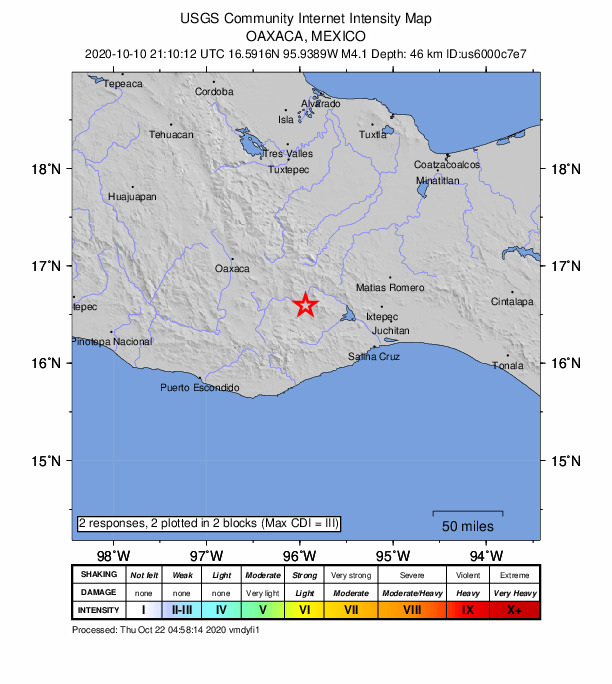 USGS DYFI community-reported intensity map for the M4.1 earthquake near 11 km WSW of San Bartolo Yautepec, Mexico