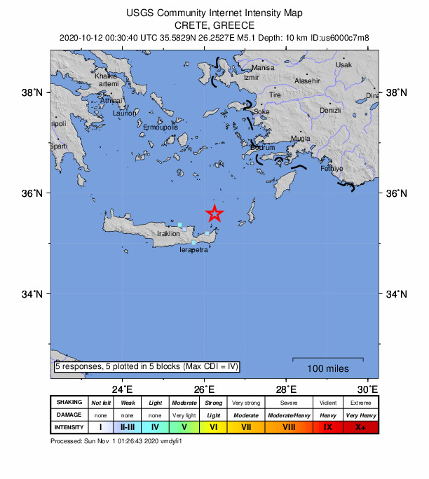 USGS DYFI community-reported intensity map for the M5.1 earthquake near 43 km N of Palekastro, Greece
