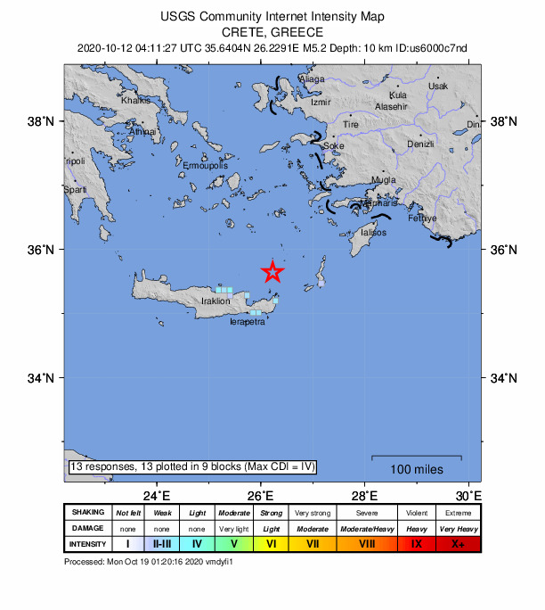 USGS DYFI community-reported intensity map for the M5.2 earthquake near 49 km N of Palekastro, Greece