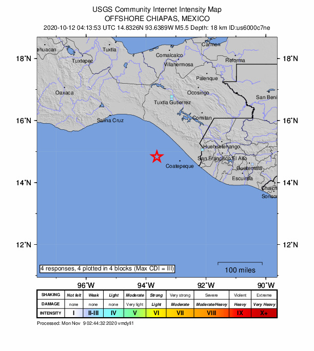 USGS DYFI community-reported intensity map for the M5.6 earthquake near 85 km SW of La Esperanza (El Zapotal), Mexico