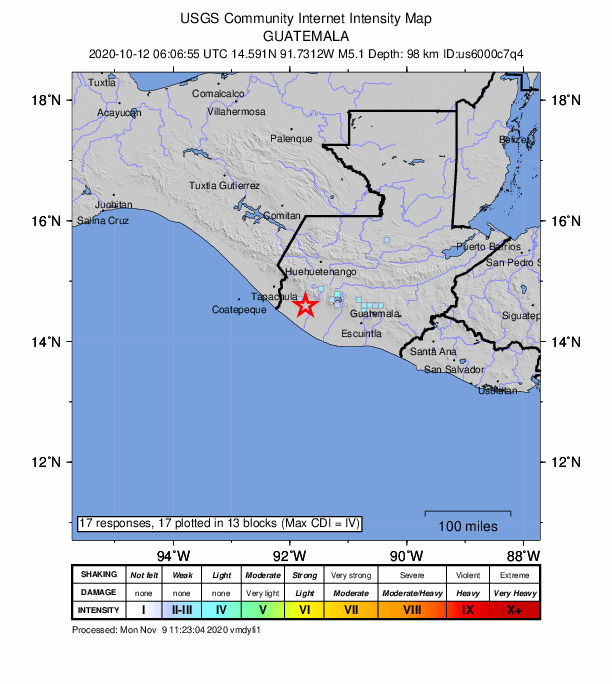 USGS DYFI community-reported intensity map for the M5.1 earthquake near 3 km SSW of El Asintal, Guatemala