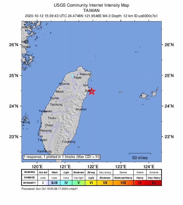 USGS DYFI community-reported intensity map for the M4.3 earthquake near 37 km SSE of Yilan, Taiwan