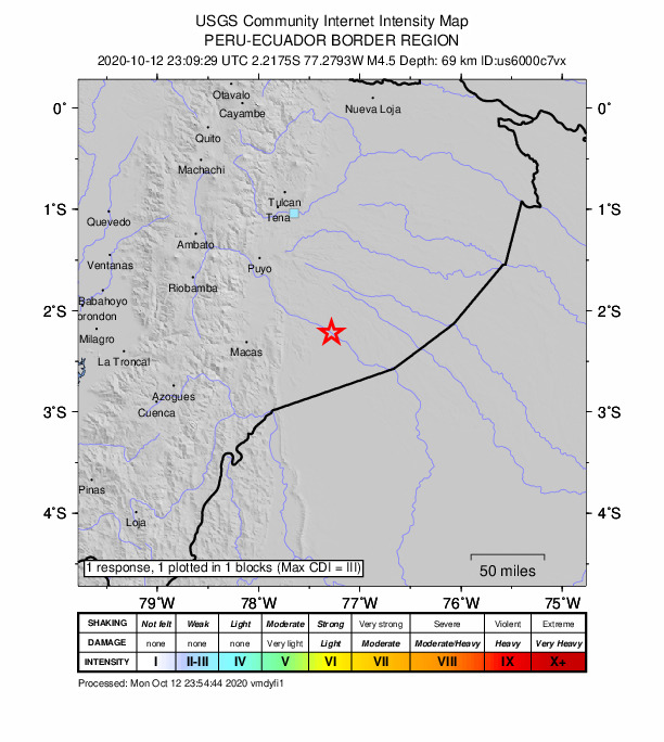 USGS DYFI community-reported intensity map for the M4.5 earthquake near 68 km ESE of Macas, Ecuador