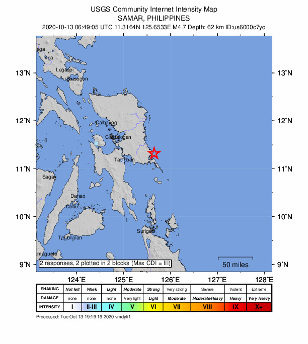 USGS DYFI community-reported intensity map for the M4.7 earthquake near 4 km E of Hernani, Philippines