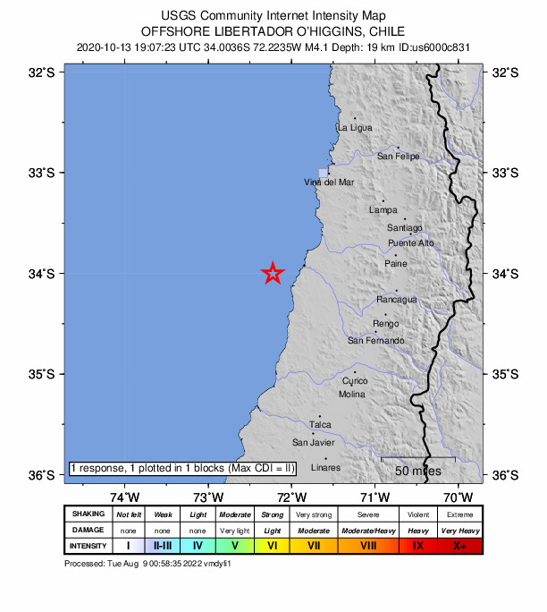 USGS DYFI community-reported intensity map for the M4.1 earthquake near 72 km SW of San Antonio, Chile