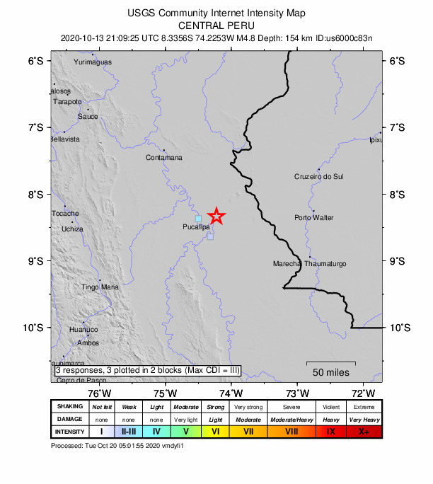 USGS DYFI community-reported intensity map for the M4.8 earthquake near 35 km ENE of San Fernando, Peru