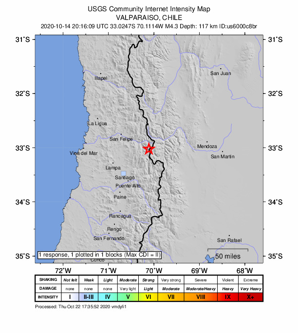 USGS DYFI community-reported intensity map for the M4.3 earthquake near 51 km ESE of Los Andes, Chile