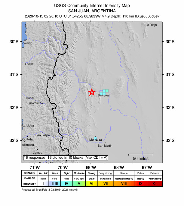 USGS DYFI community-reported intensity map for the M4.9 earthquake near 21 km W of Villa Basilio Nievas, Argentina
