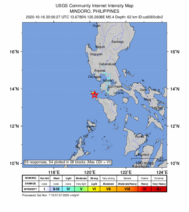 USGS DYFI community-reported intensity map for the M5.4 earthquake near 4 km SSE of Looc, Philippines