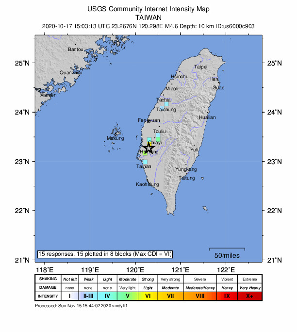 USGS DYFI community-reported intensity map for the M4.6 earthquake near 23 km NW of Yujing, Taiwan